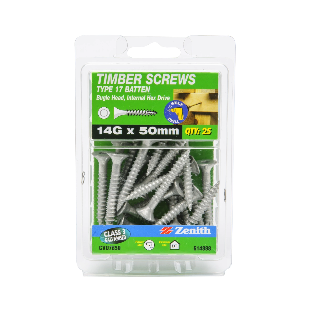 ZENITH® 14G x 50mm Class 3 Galvanised, Self Drilling, Internal Hex Drive, Bugle Batten Screws – External Use – 25 Pack