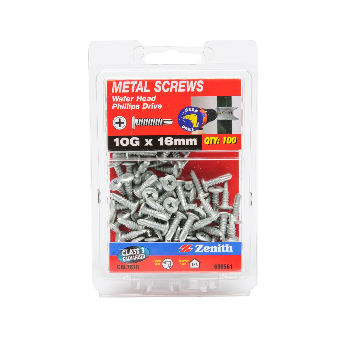 ZENITH® 10G x 16mm Class 3 Galvanised, Self Drilling, Phillips Drive, Metal Screws – External Use – 100 Pack