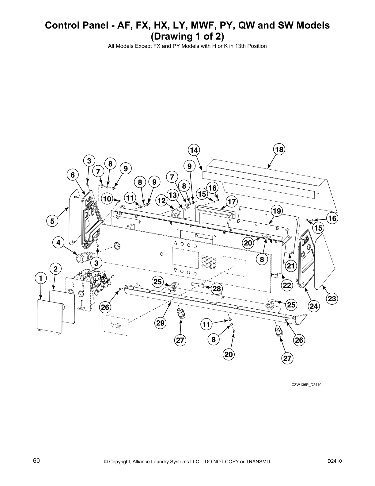 Control Panel - AF, FX, HX, LY, MWF, PY, QW and SW Models
(Drawing 1 of 2)