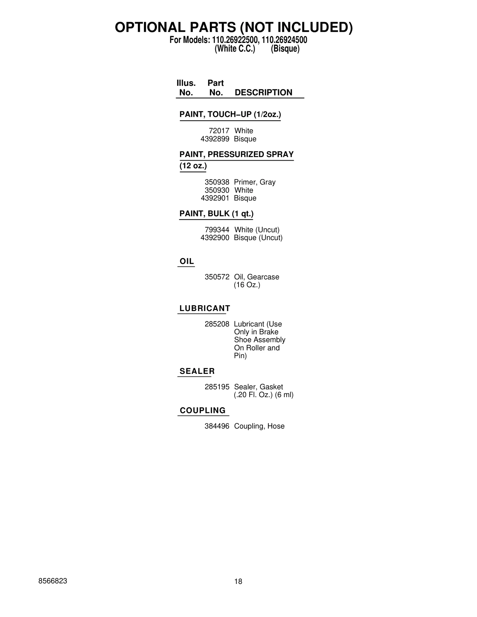 OPTIONAL PARTS (NOT INCLUDED)