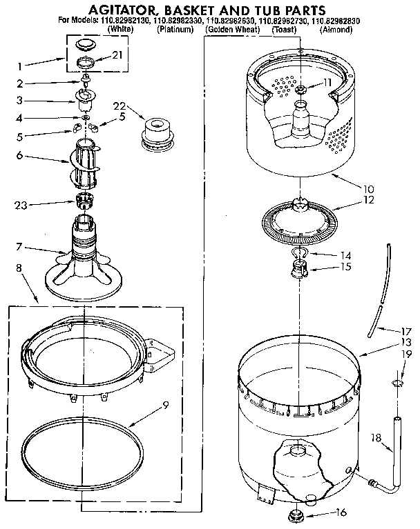 AGITATOR, BASKET AND TUB