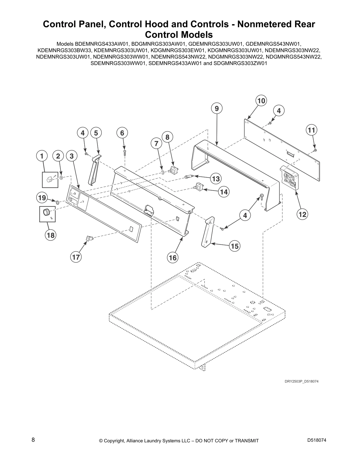 Control Panel, Control Hood and Controls - Nonmetered Rear 
Control Models