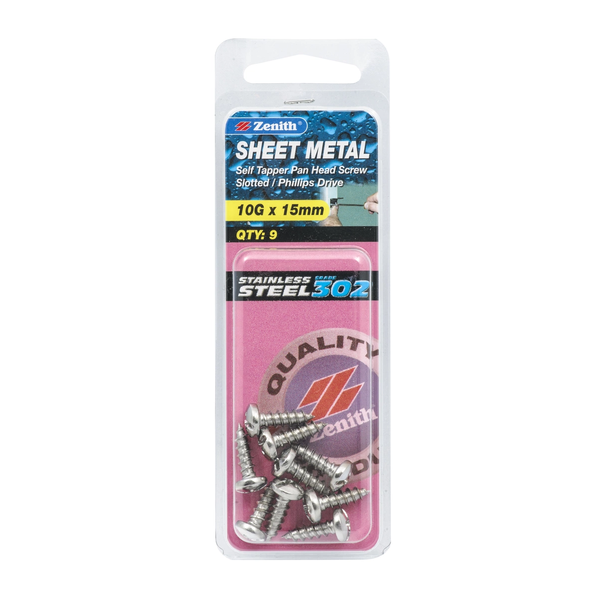 ZENITH® 10G x 15mm 304 Stainless Steel, Self Tapping, Combination Drive, Sheet Metal Screws – External Use – 9 Pack