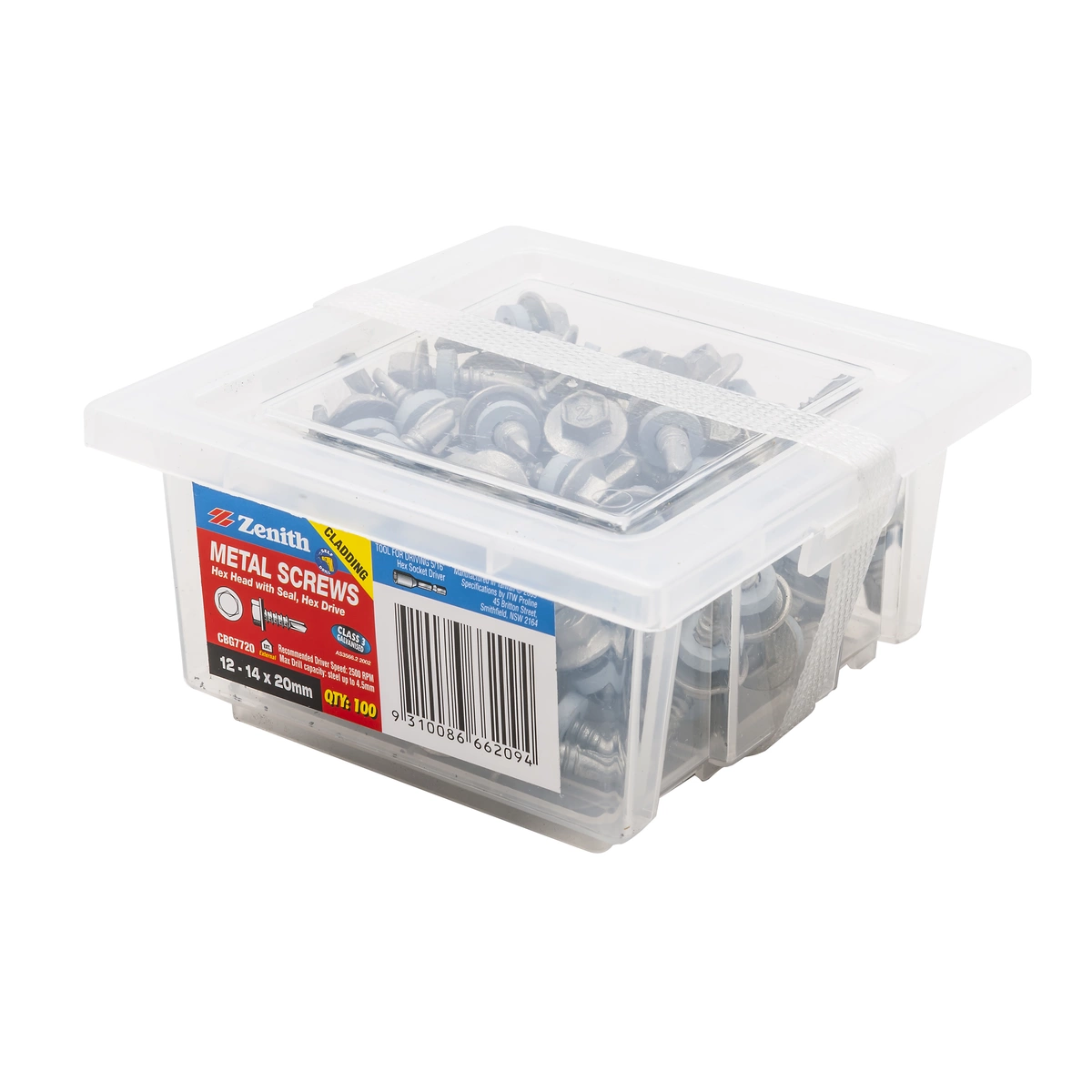 ZENITH® 12G x 20mm Class 3 Galvanised, Self Drilling, External Hex Drive, Cladding & Roofing Screws with Seal – External Use – 100 Pack