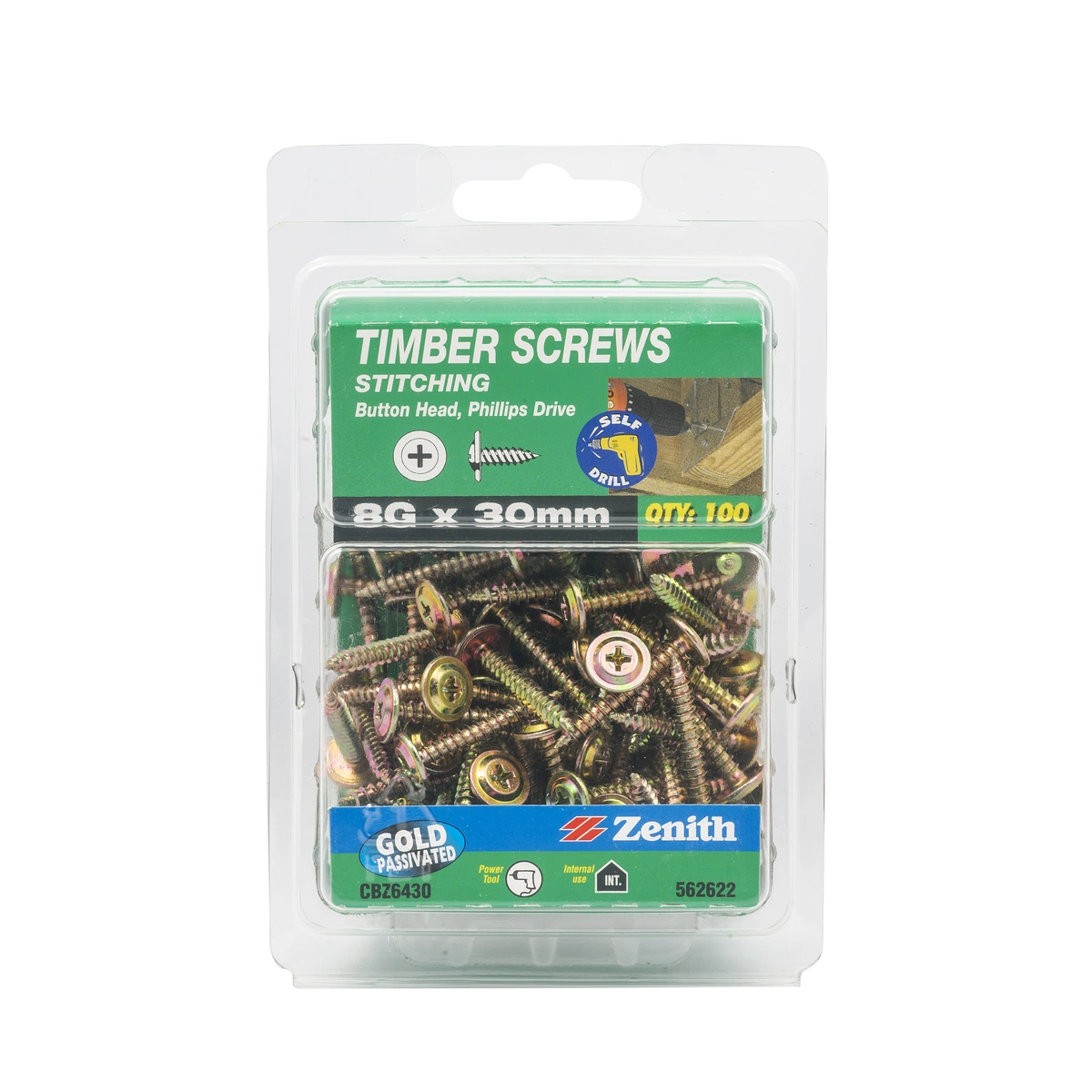 ZENITH® 8G x 30mm Gold Passivated, Phillips Drive, Stitching Screws – Internal Use – 100 Pack