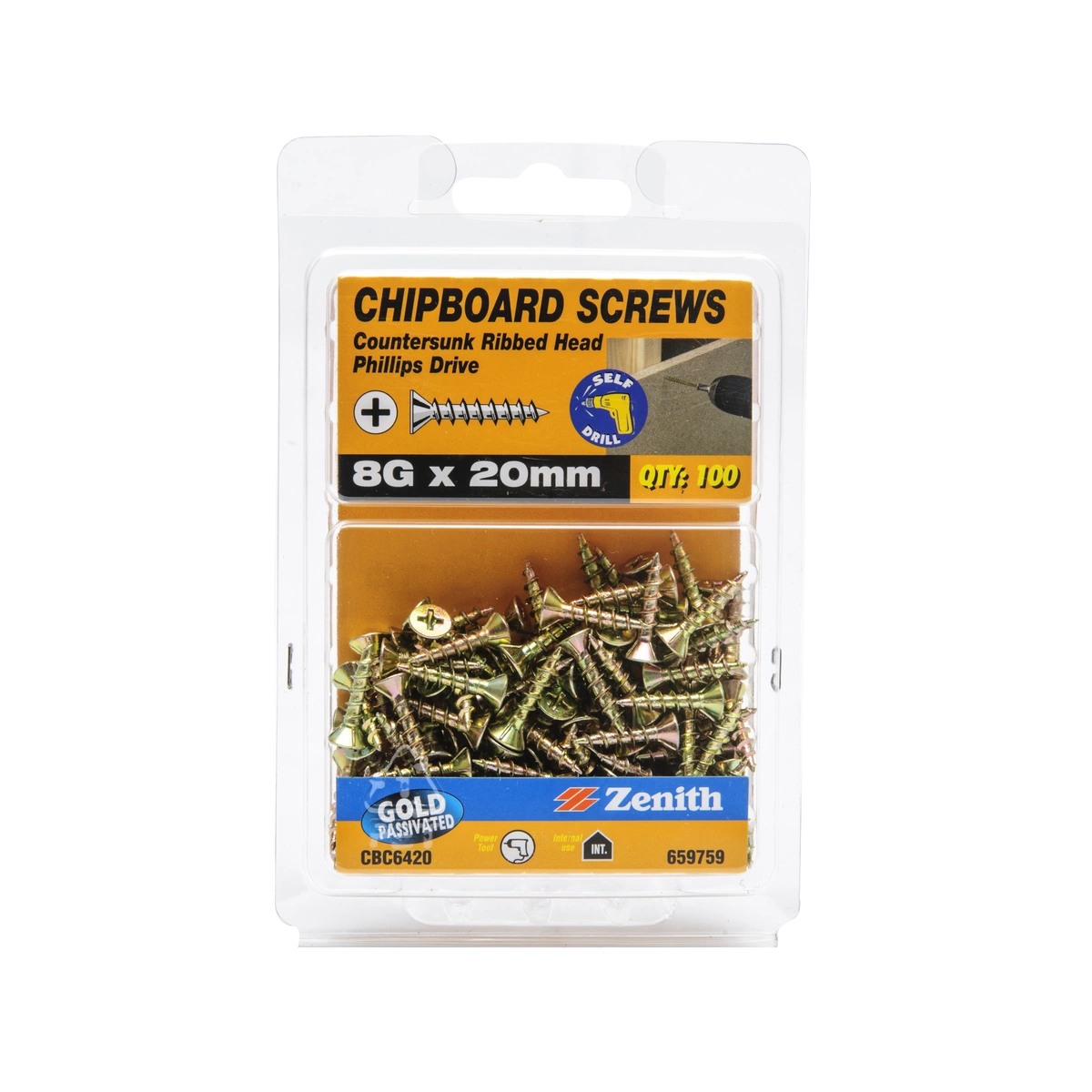 ZENITH® 8G x 20mm Gold Passivated, Phillips Drive, Chipboard Screws – Internal Use – 100 Pack