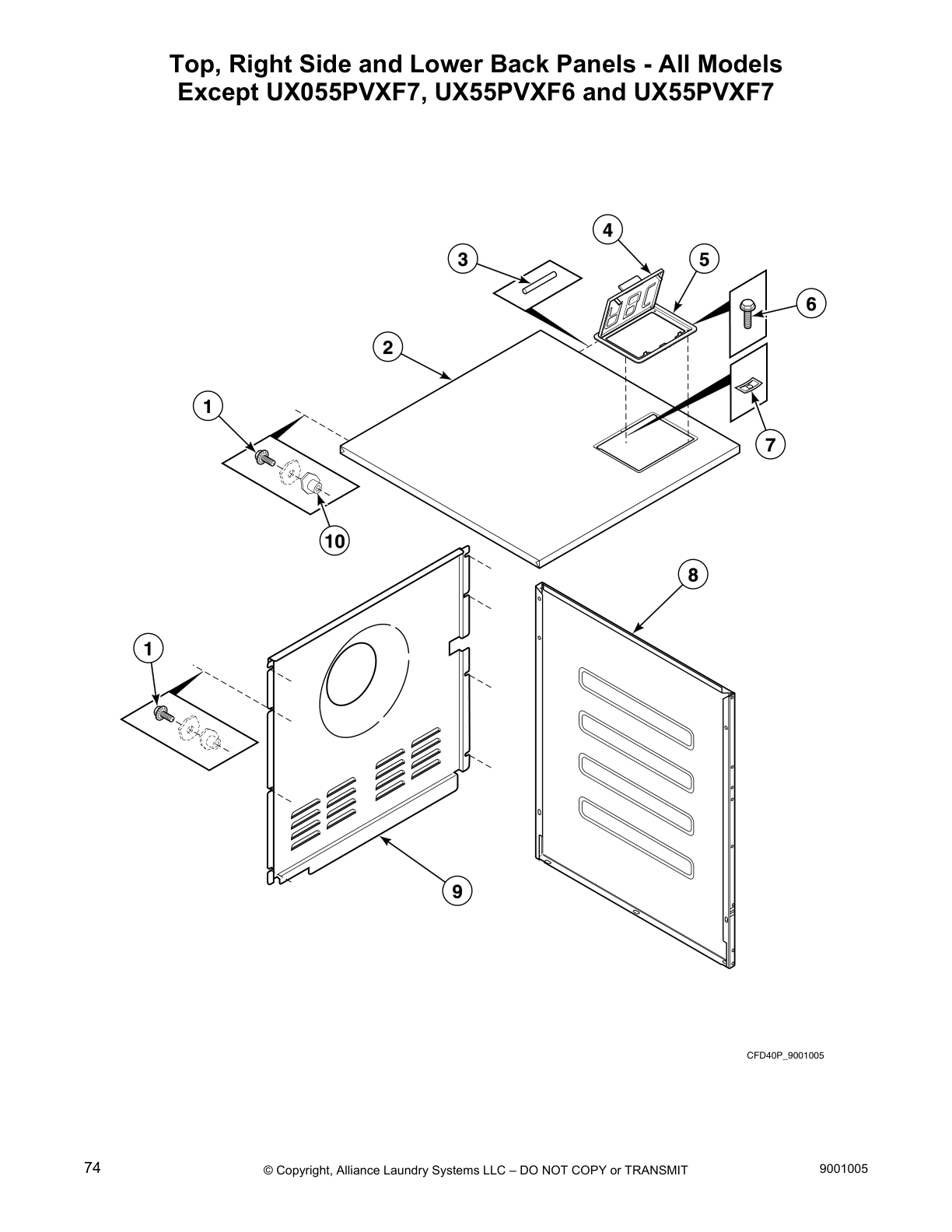 Top, Right Side and Lower Back Panels - All Models
Except UX055PVXF7, UX55PVXF6 and UX55PVXF7
