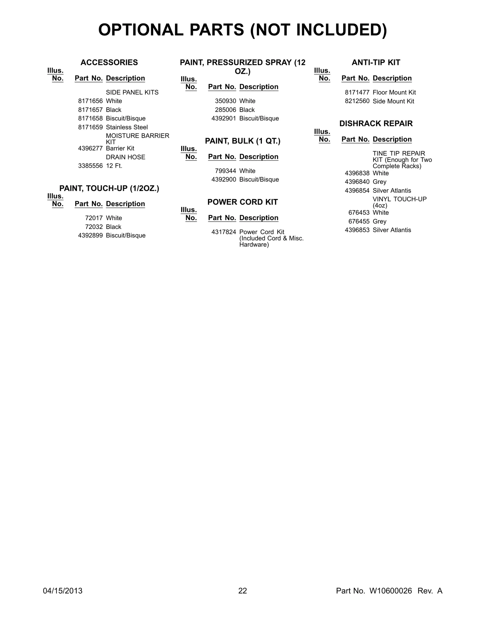 OPTIONAL PARTS (NOT INCLUDED)