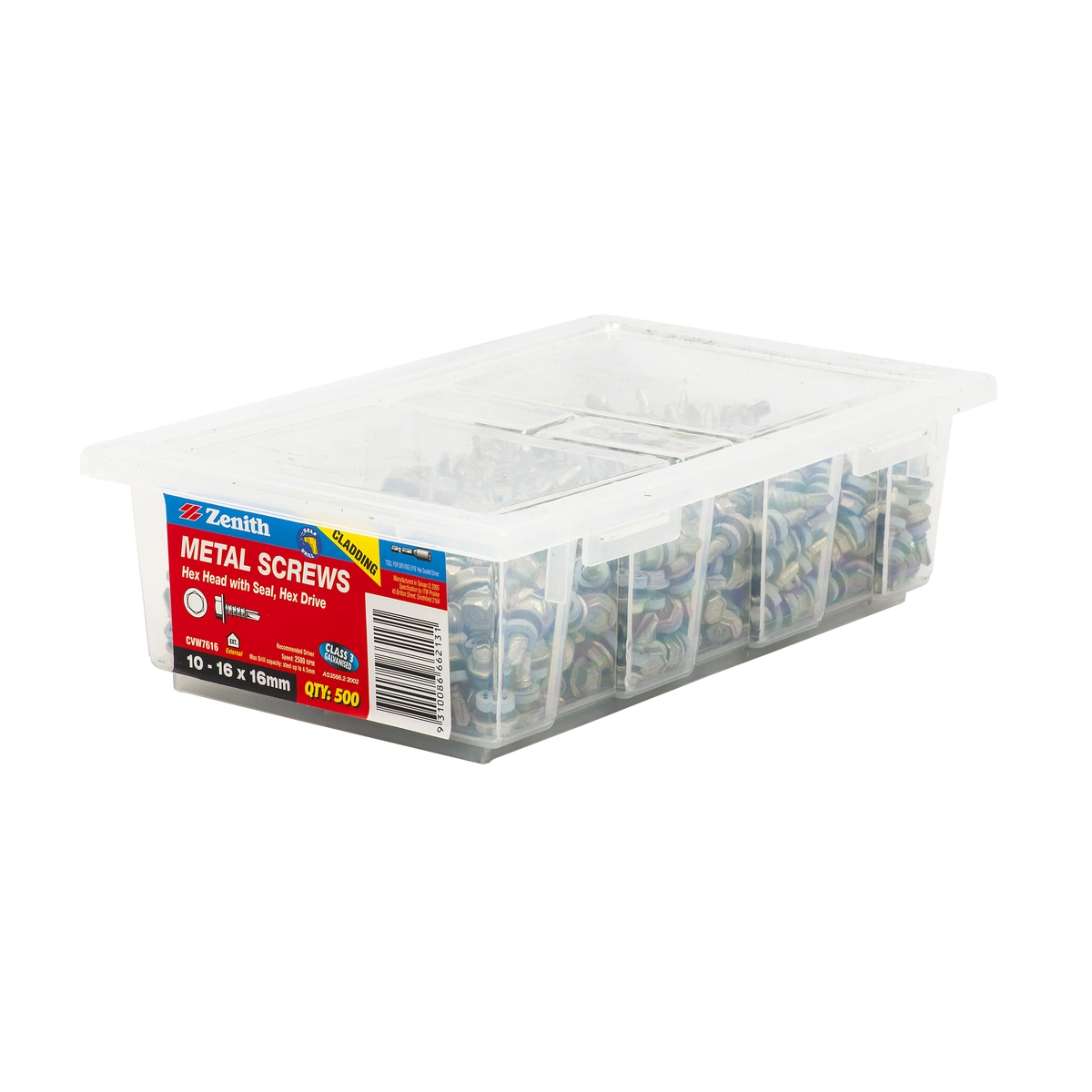 ZENITH® 10G x 16mm Class 3 Galvanised, Self Drilling, External Hex Drive, Cladding & Roofing Screws with Seal – External Use – 500 Pack