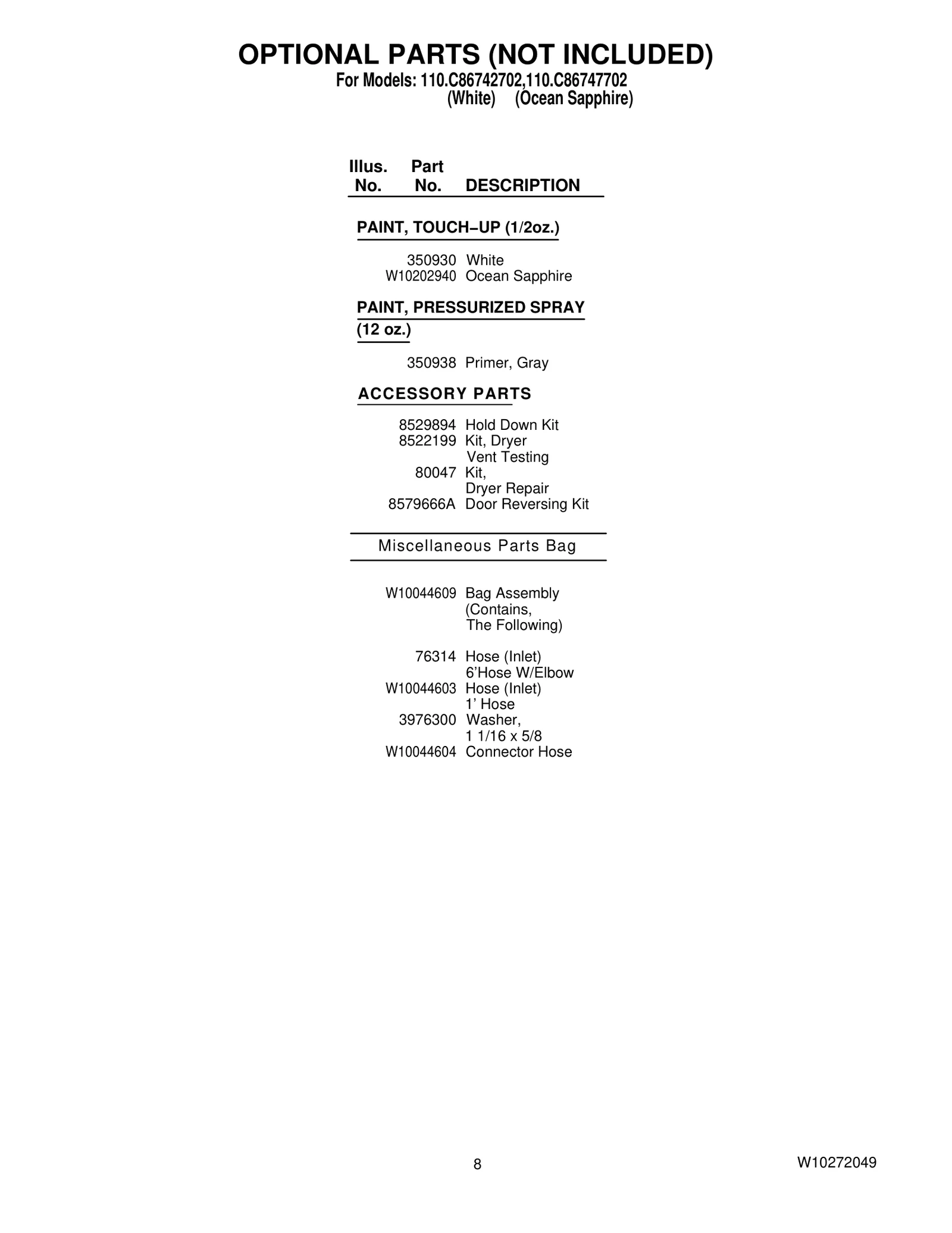 OPTIONAL PARTS (NOT INCLUDED)