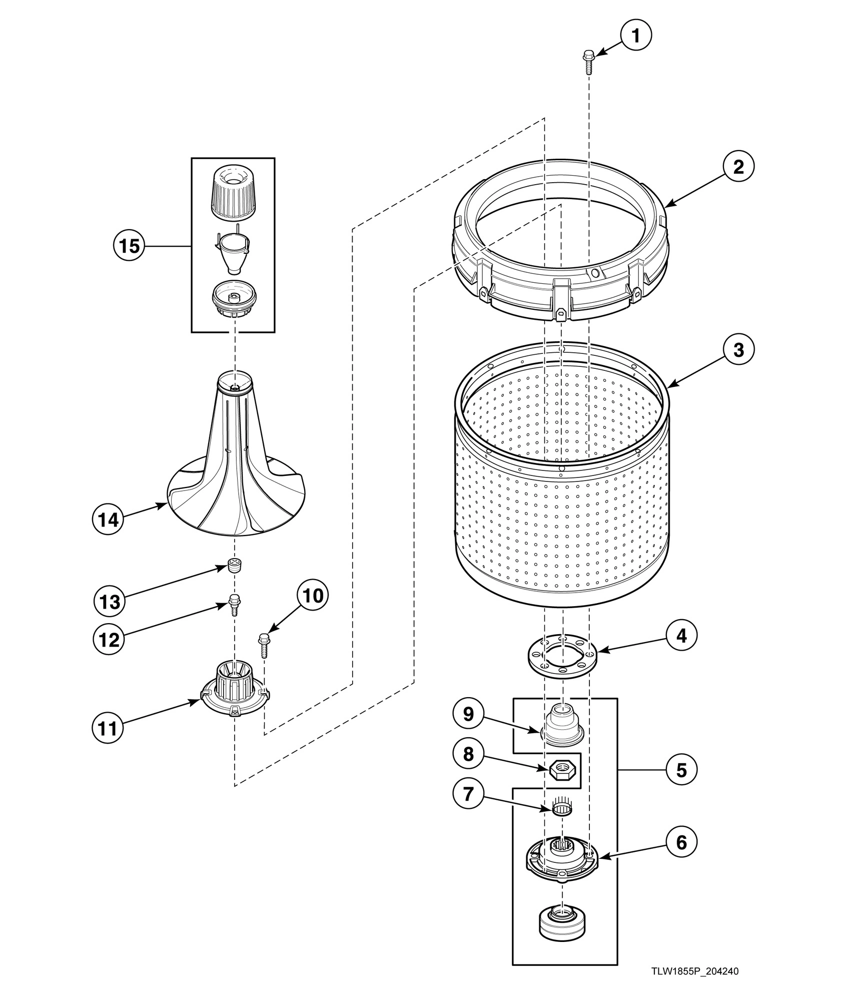Agitator, Fabric Softener Dispenser, Drive Bell, Hub and Lip Seal Kit and Washtub