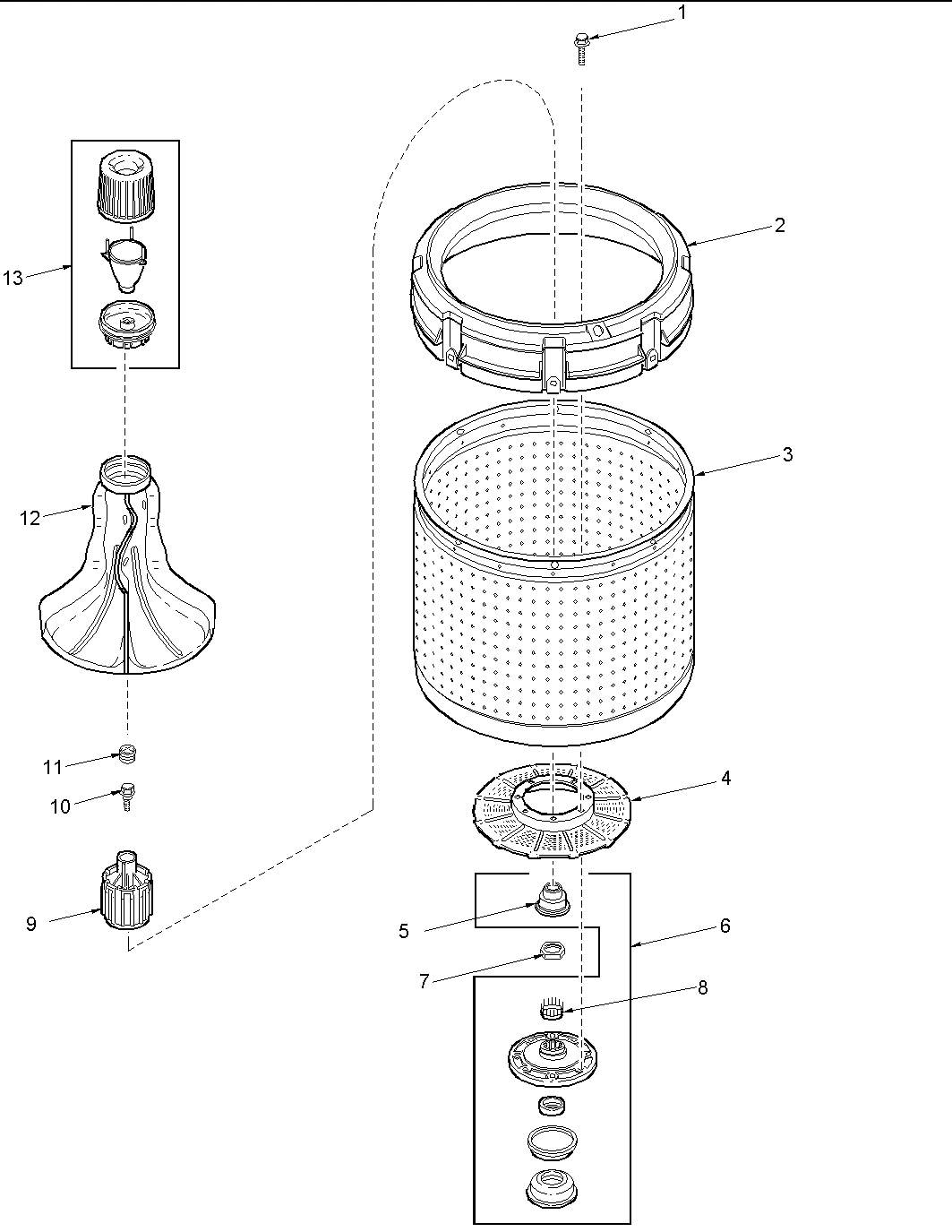 01 - Agitator, Drive Bell, Washtub and Hub