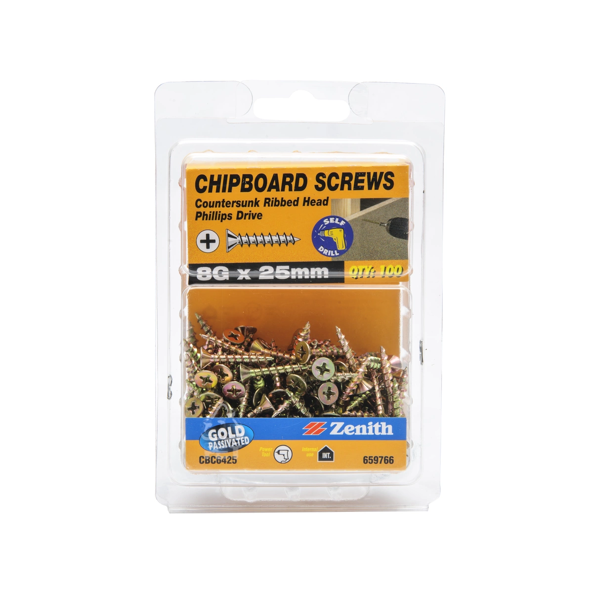 ZENITH® 8G x 25mm Gold Passivated, Phillips Drive, Chipboard Screws – Internal Use – 100 Pack