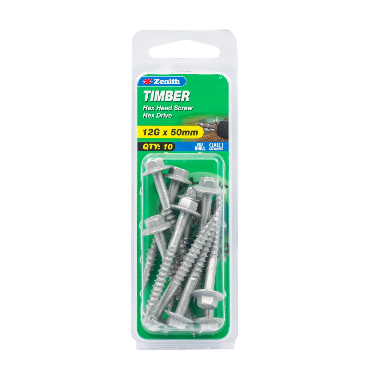 ZENITH® 12G x 50mm Class 3 Galvanised, External Hex Drive, Timber Screws – External Use – 10 Pack