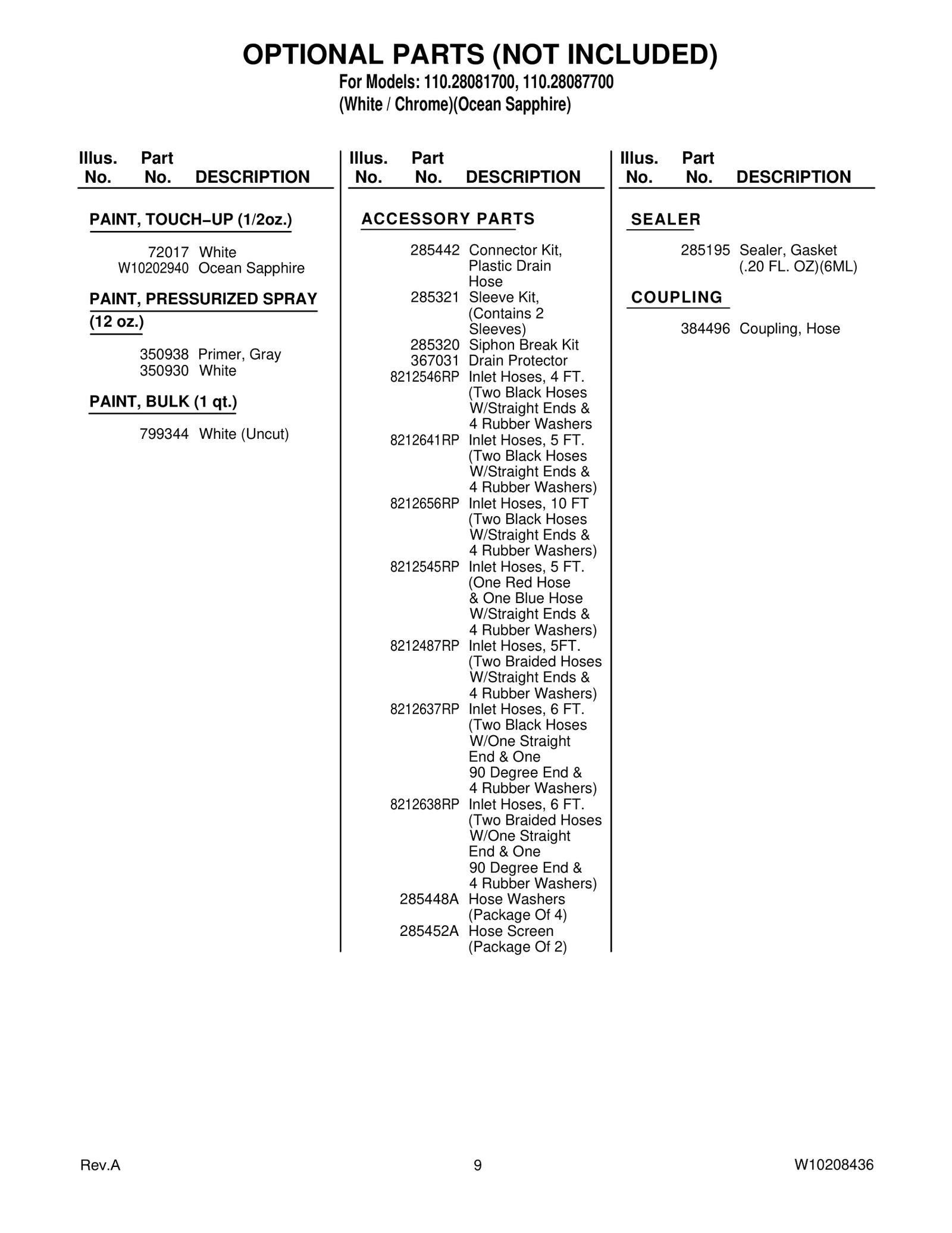 OPTIONAL PARTS (NOT INCLUDED)