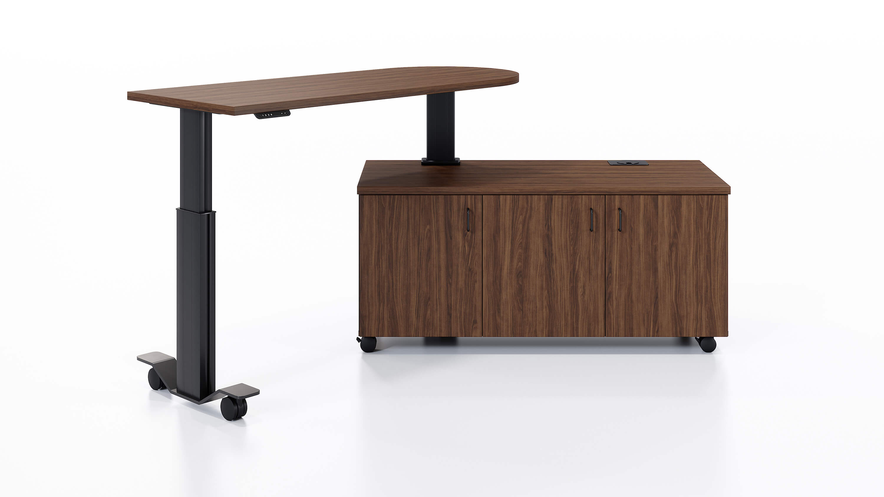 Left handed Samara rotating electric height adjustable workstation shown in 145 degree angle standing position.