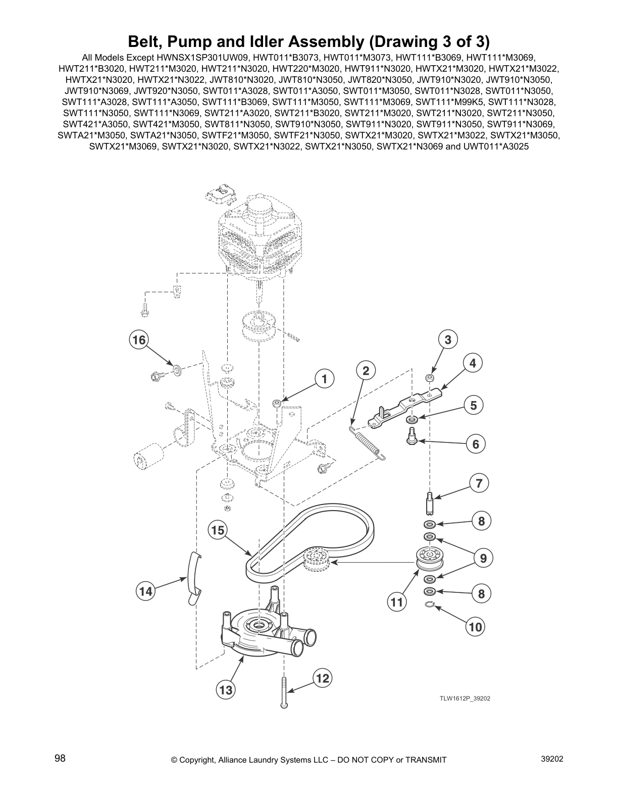 Belt, Pump and Idler Assembly (Drawing 3 of 3)