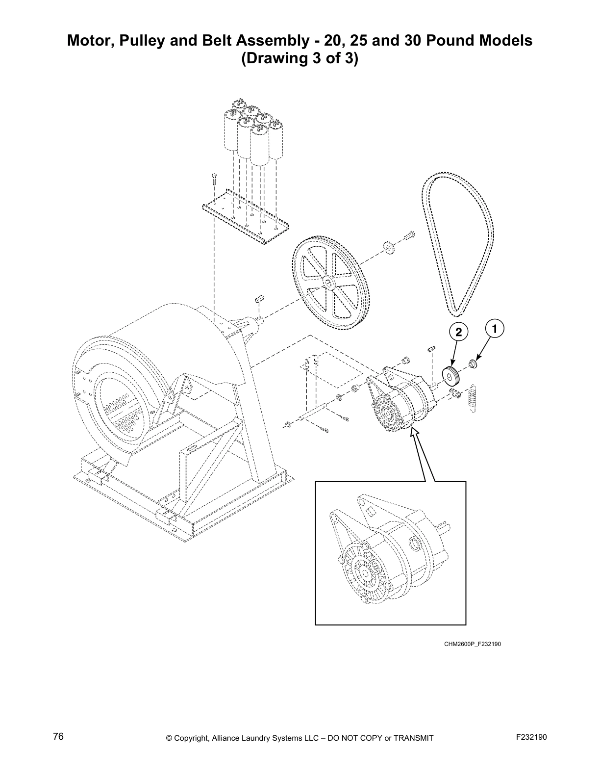 Motor, Pulley and Belt Assembly - 20, 25 and 30 Pound Models
(Drawing 3 of 3)