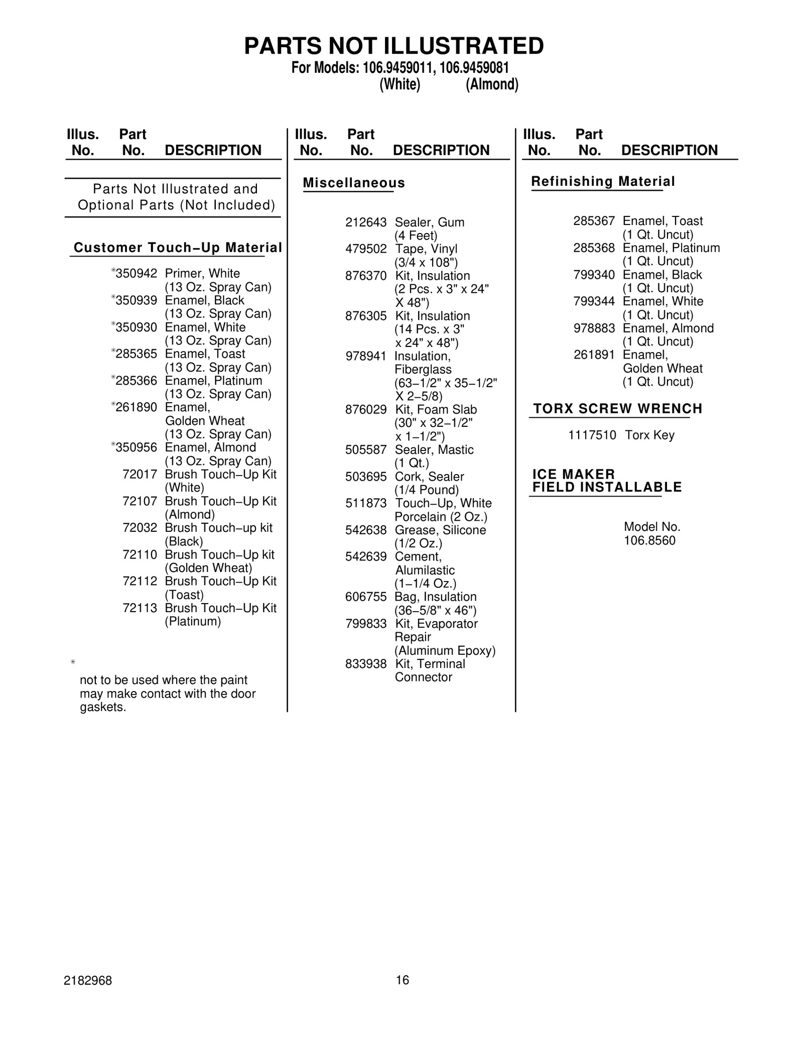 Optional Parts (Not Included)