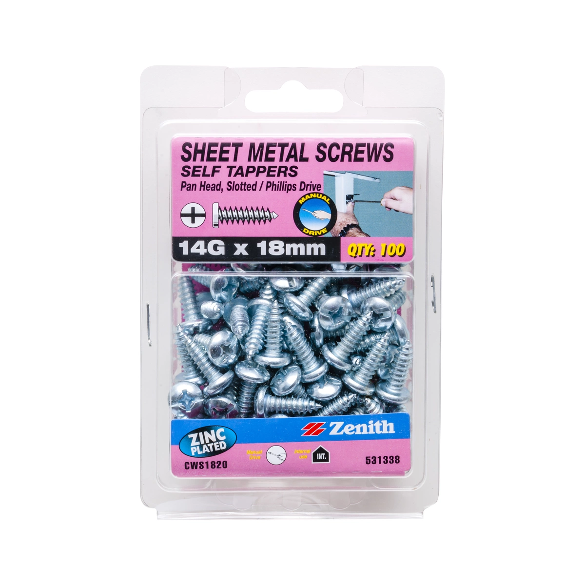 ZENITH® 14G x 18mm Zinc Plated, Self Tapping, Combination Drive, Sheet Metal Screws – Internal Use – 100 Pack