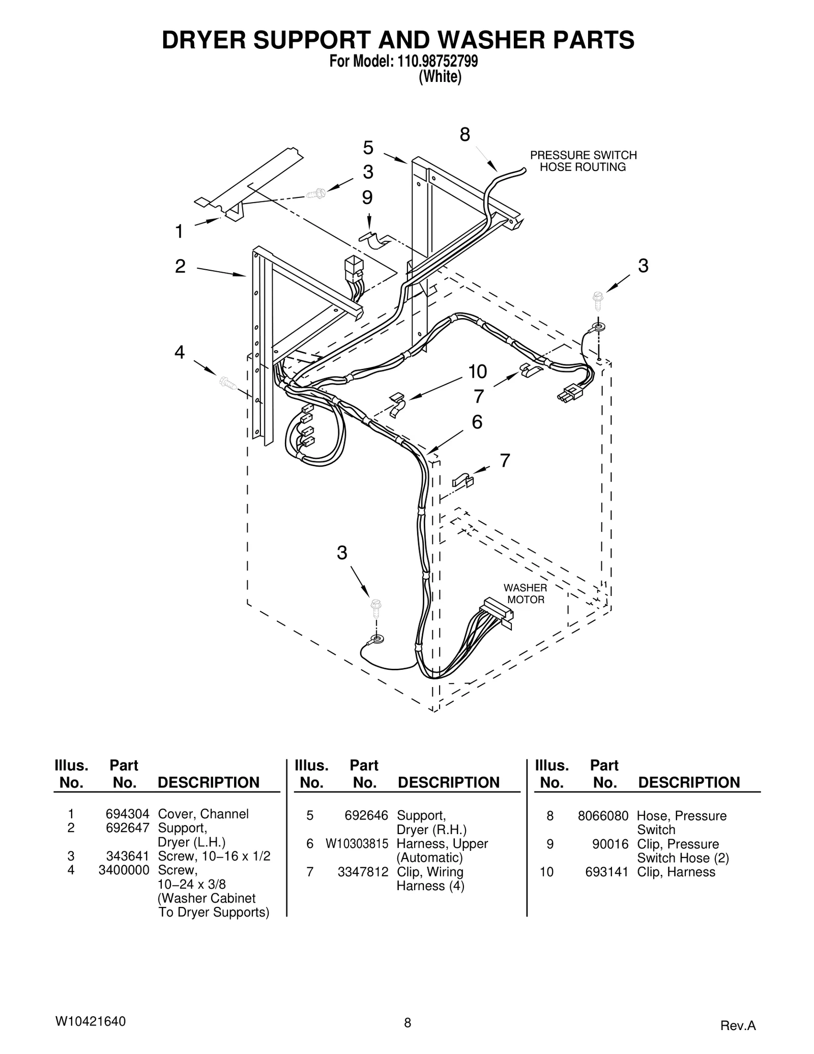 DRYER SUPPORT AND WASHER PARTS