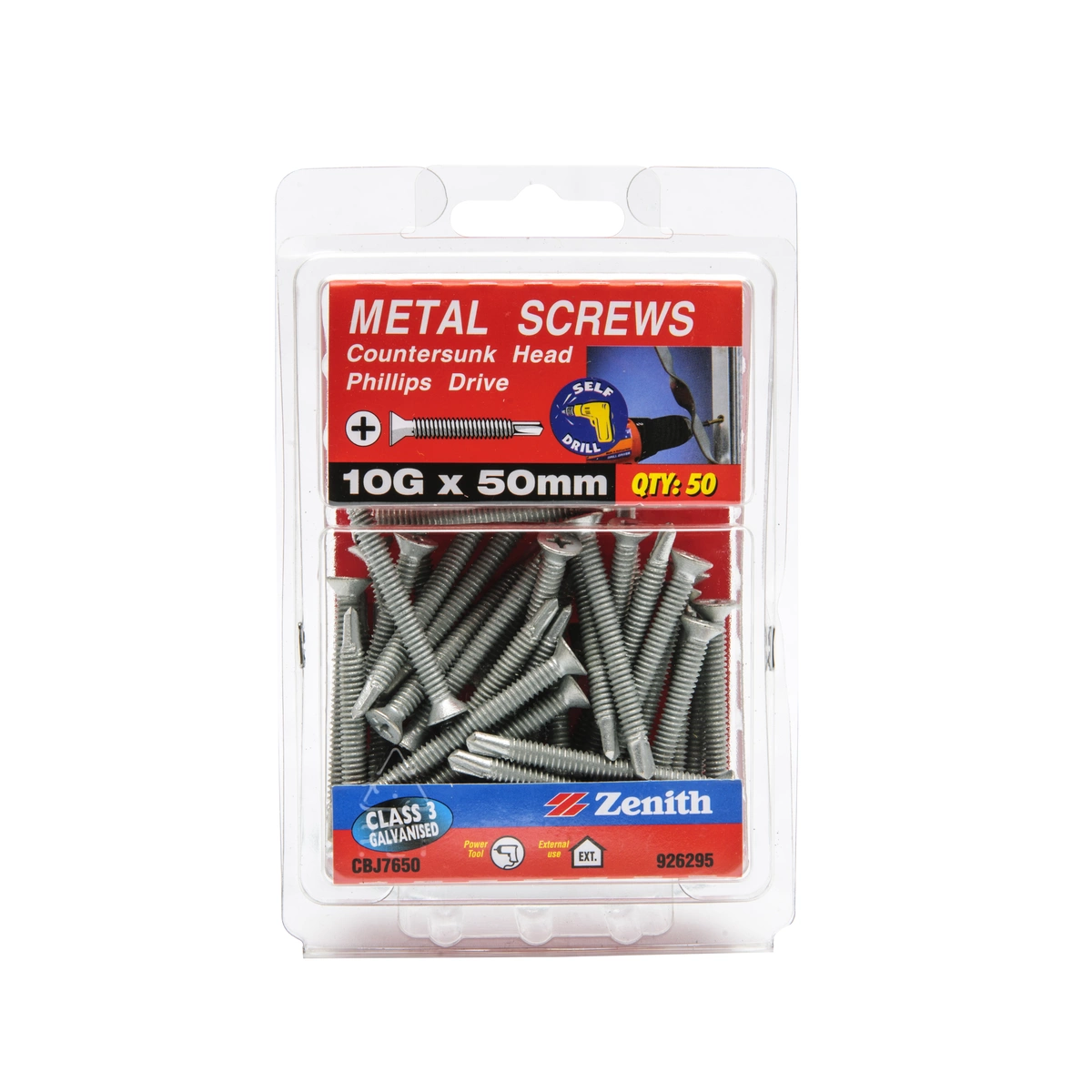 ZENITH® 10G x 50mm Class 3 Galvanised, Self Drilling, Phillips Drive, Drill Point, Metal Screws – External Use – 50 Pack