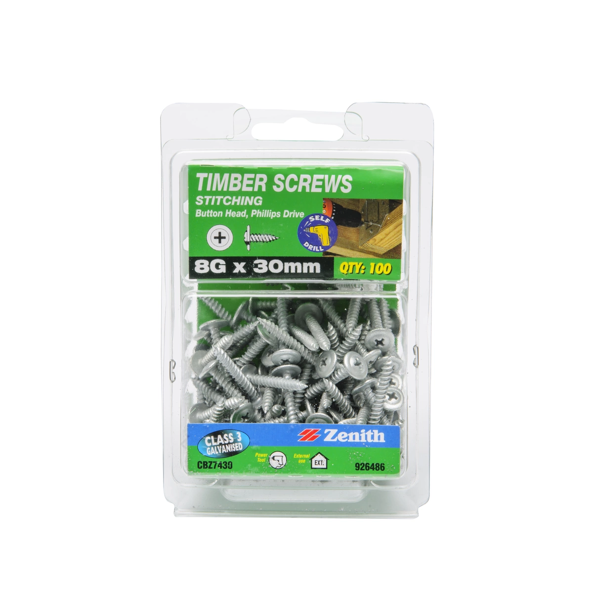 ZENITH® 8G x 30mm Class 3 Galvanised, Phillips Drive, Stitching Screws – External Use – 100 Pack