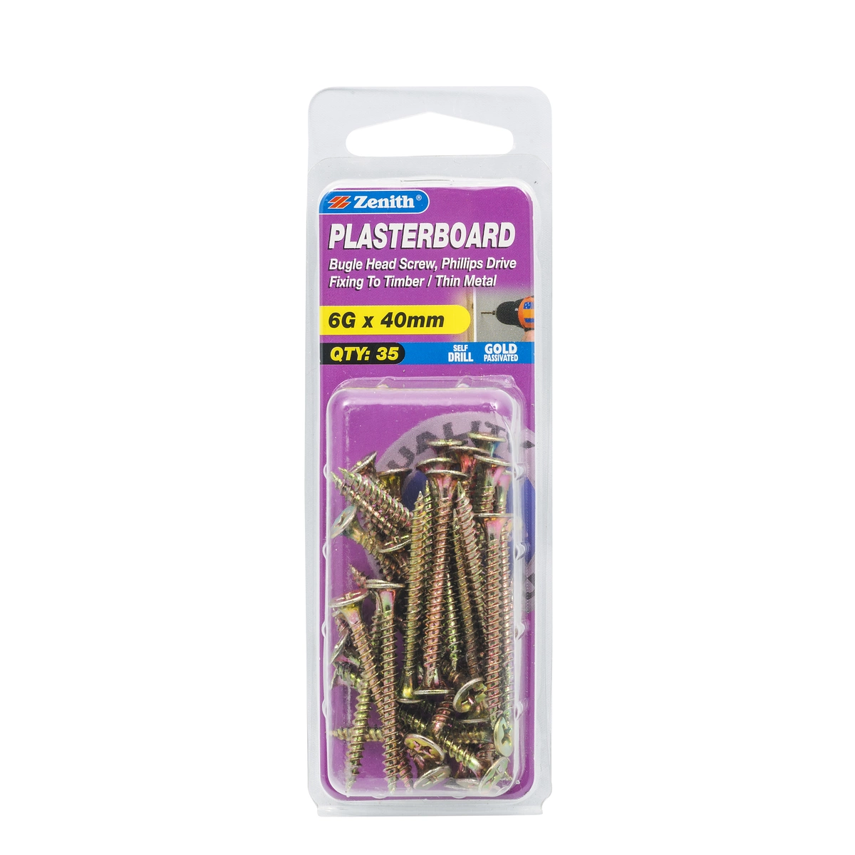 ZENITH® 6G x 40mm Gold Passivated, Phillips Drive, Plasterboard Screws – Internal Use – 35 Pack