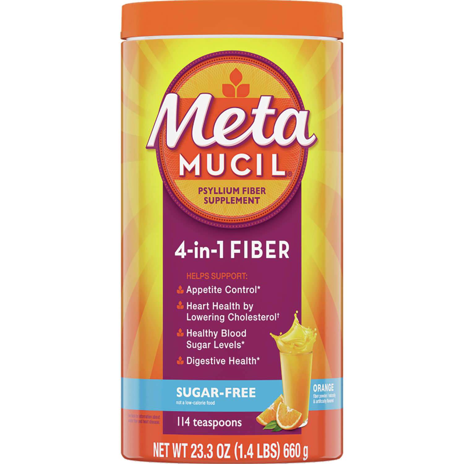 Metamucil Psyllium 4-in-1 Fiber Sugar Free - Orange Supplement Vitamin | 23.3 oz Powder