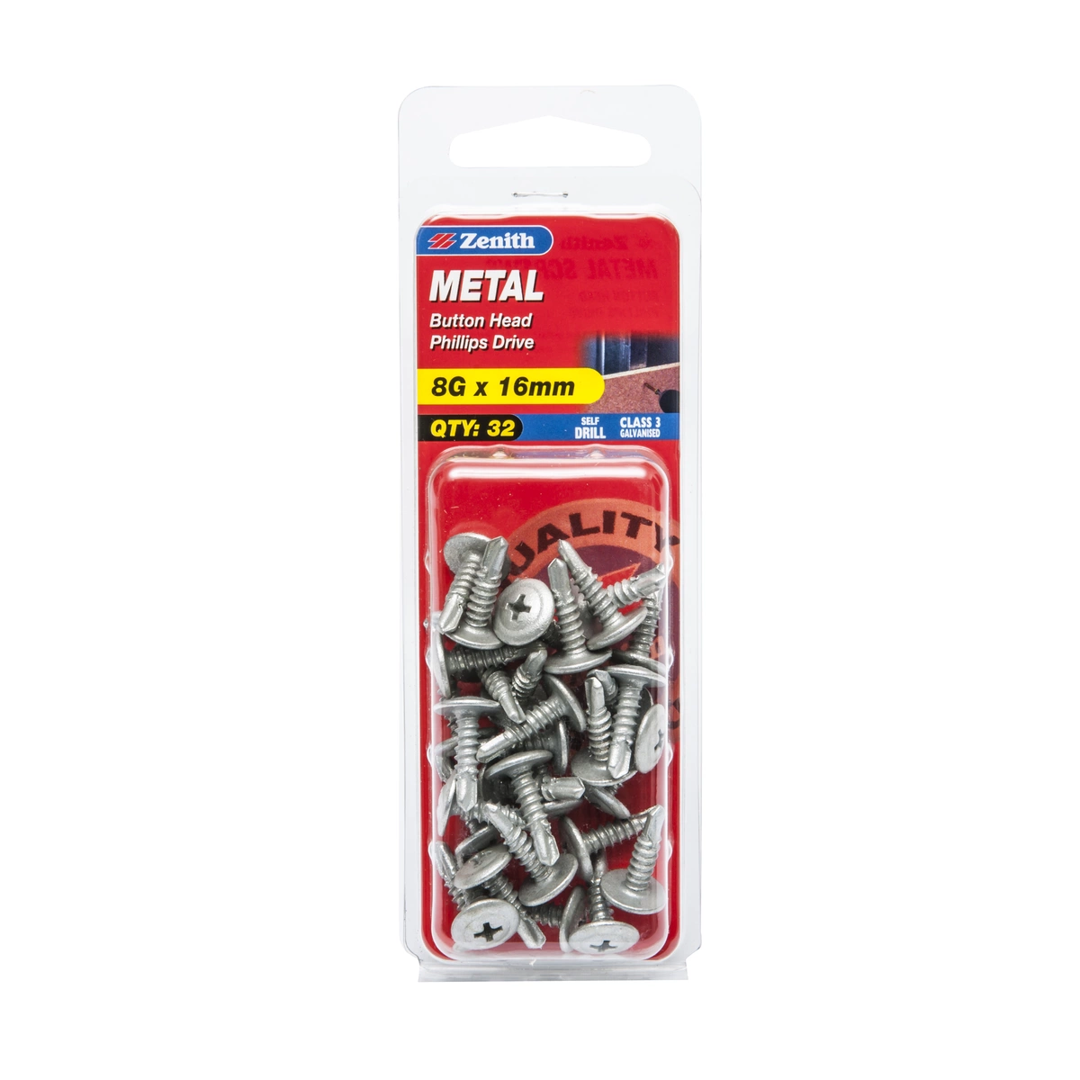 ZENITH® 8G x 16mm Class 3 Galvanised, Self Drilling, Phillips Drive, Metal Screws – External Use – 32 Pack