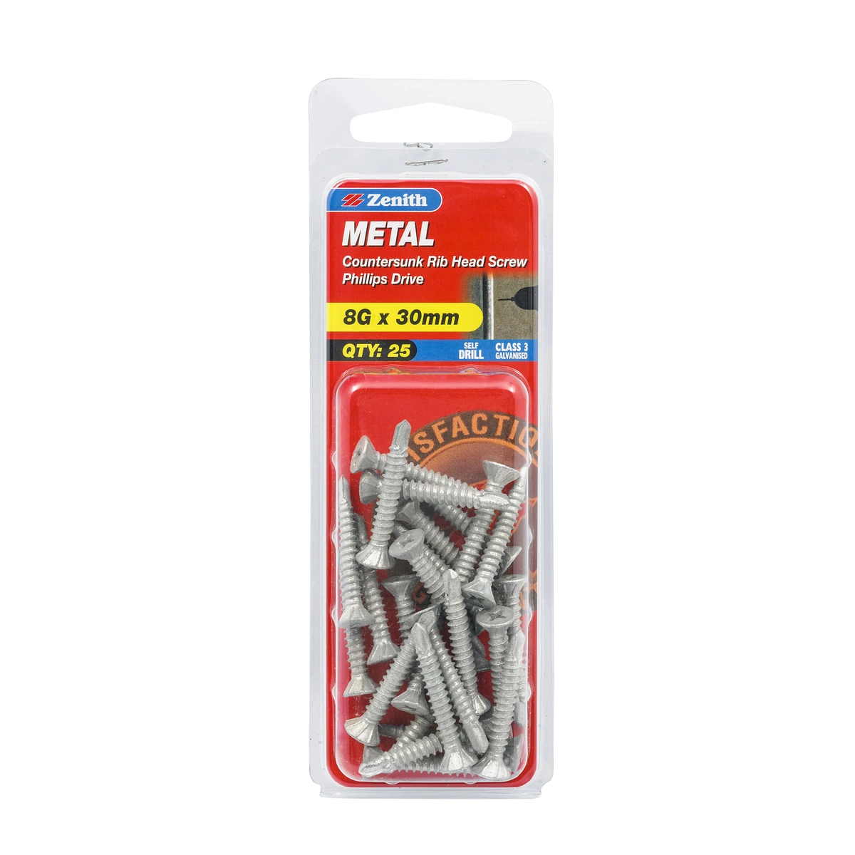 ZENITH® 8G x 30mm Class 3 Galvanised, Self Drilling, Phillips Drive, Countersunk Ribbed Head, Metal Screws – External Use – 25 Pack