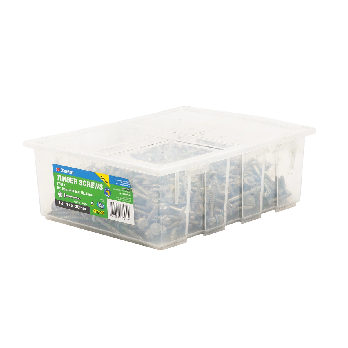 ZENITH® 12G x 50mm Class 3 Galvanised, External Hex Drive, Hex Head, Cladding & Roofing Screws with Seal – External Use – 500 Pack