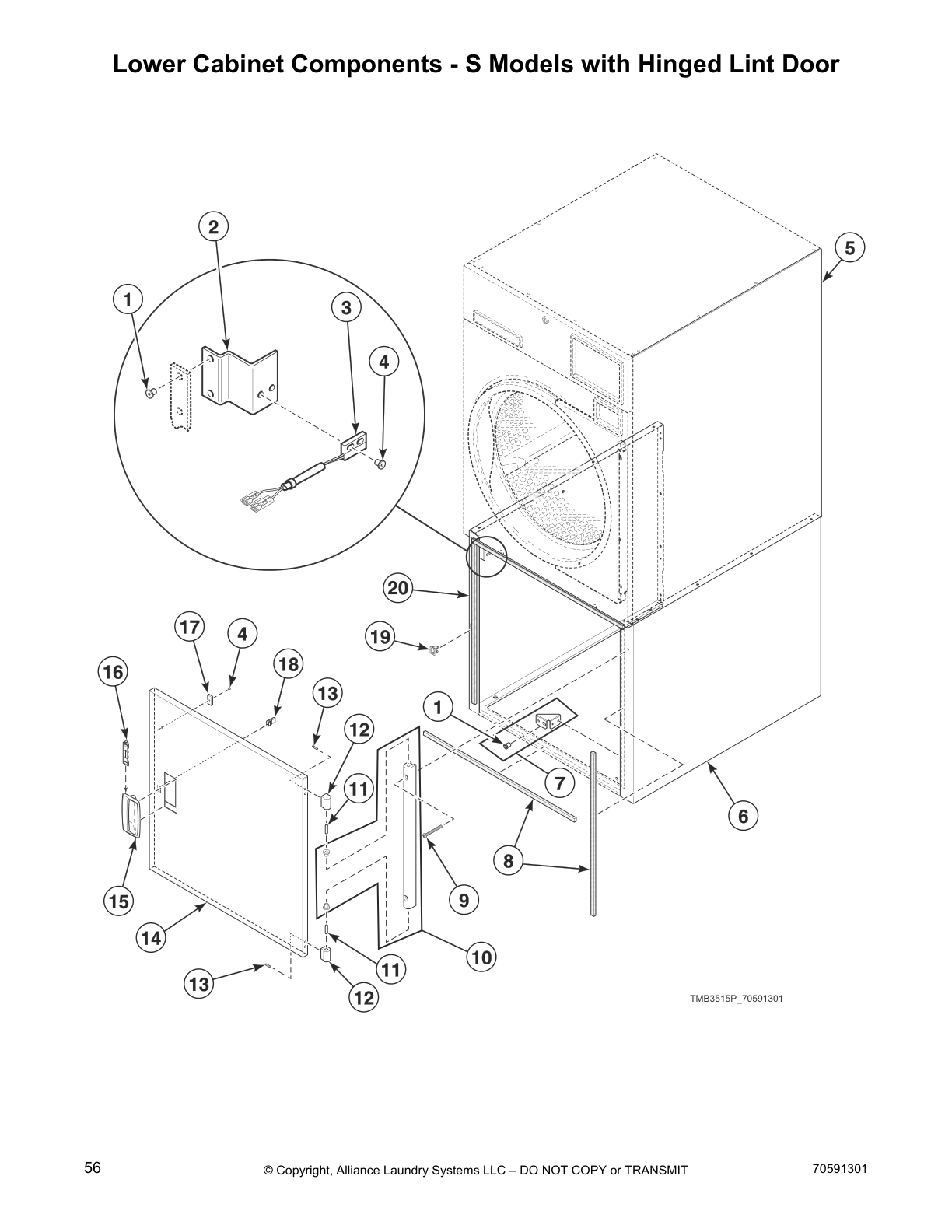 Lower Cabinet Components - S Models with Hinged Lint Door