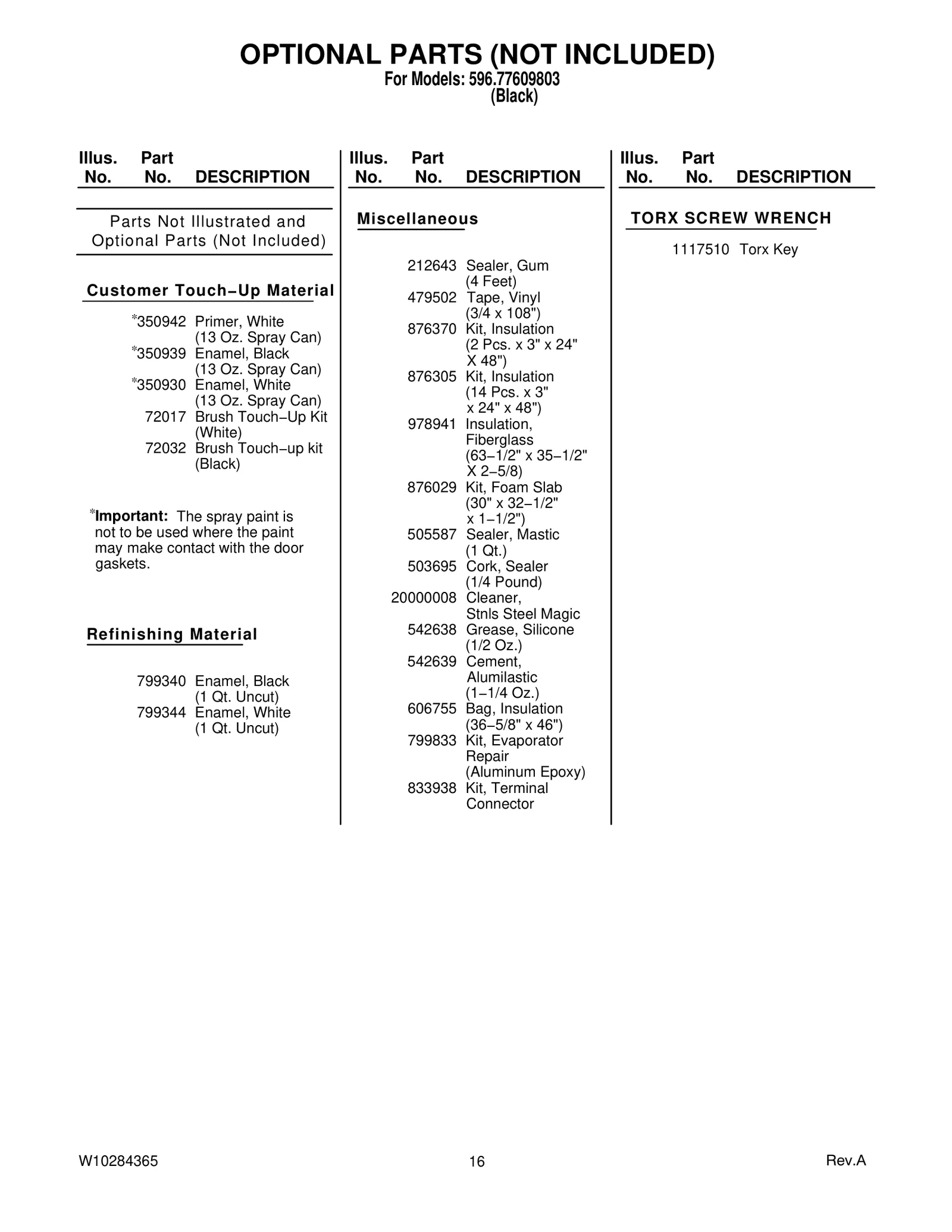 OPTIONAL PARTS (NOT INCLUDED)