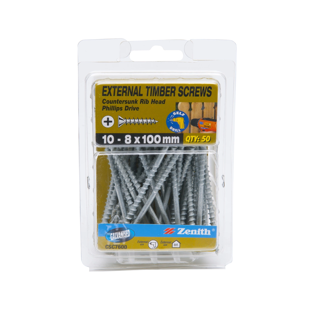 ZENITH® 10G x 100mm Galvanised, Phillips Drive, Timber Screws – External Use – 50 Pack