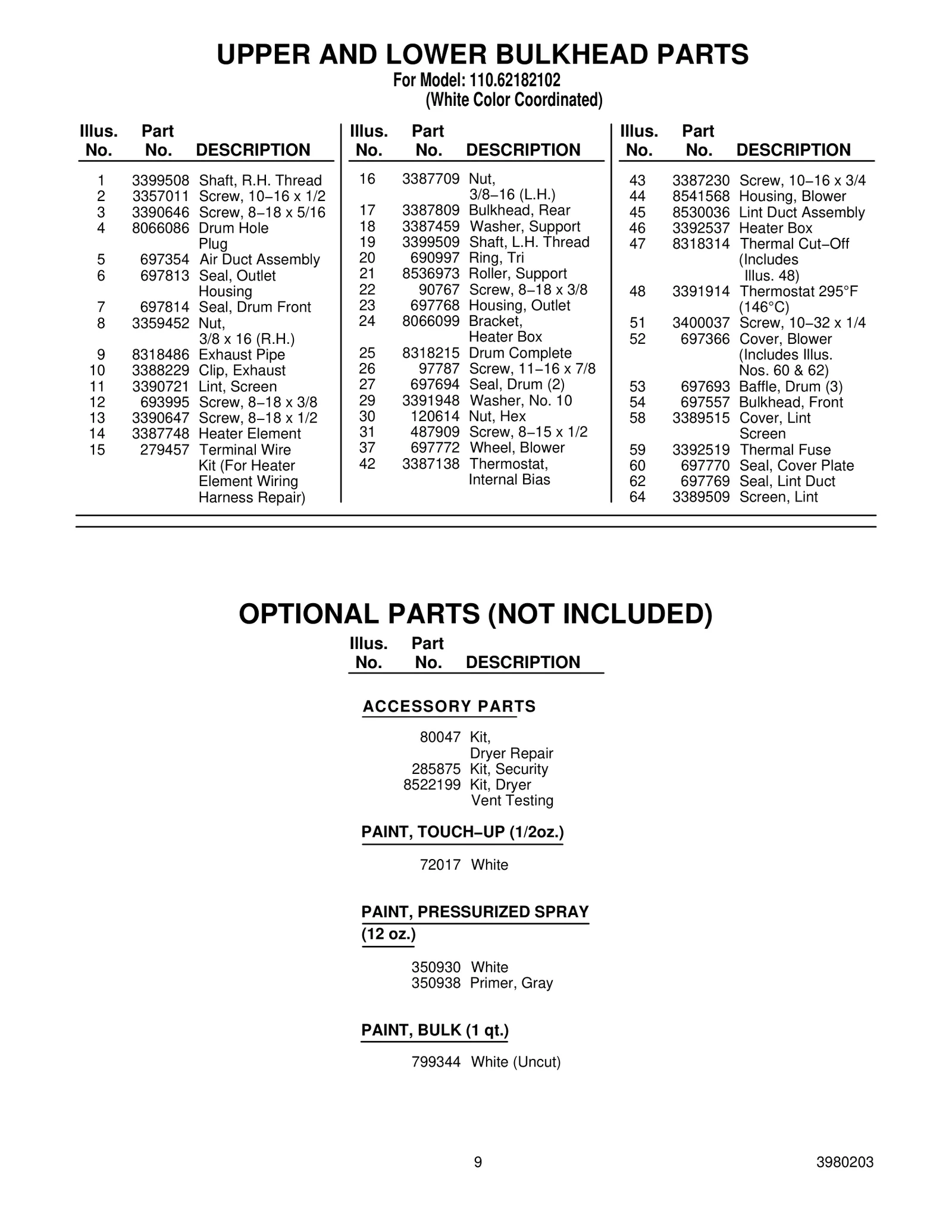 OPTIONAL PARTS (NOT INCLUDED)