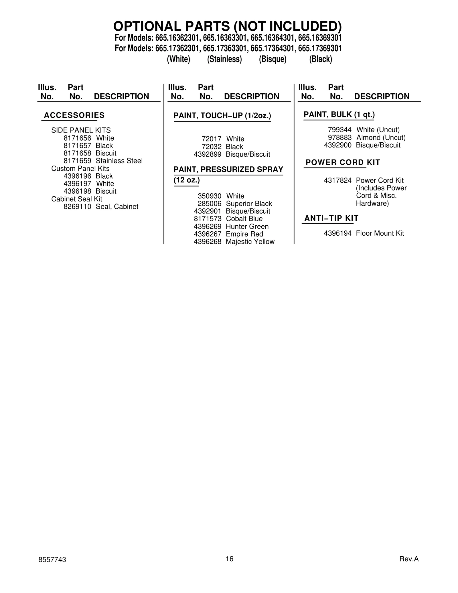 OPTIONAL PARTS (NOT INCLUDED)