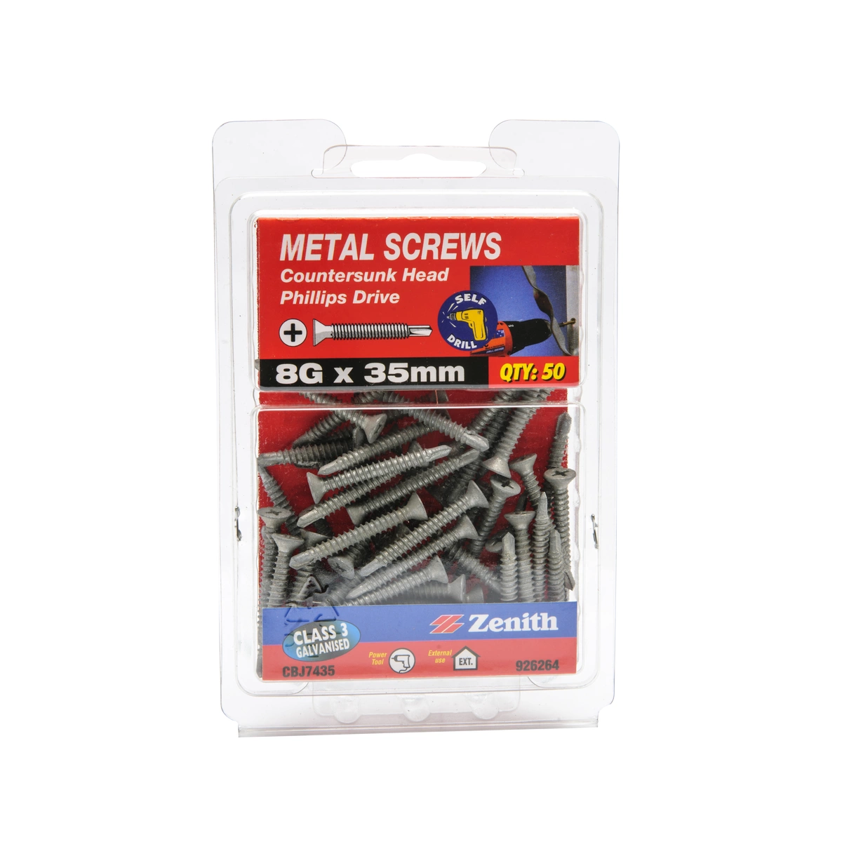 ZENITH® 8G x 35mm Class 3 Galvanised, Self Drilling, Phillips Drive, Metal Screws – External Use – 50 Pack
