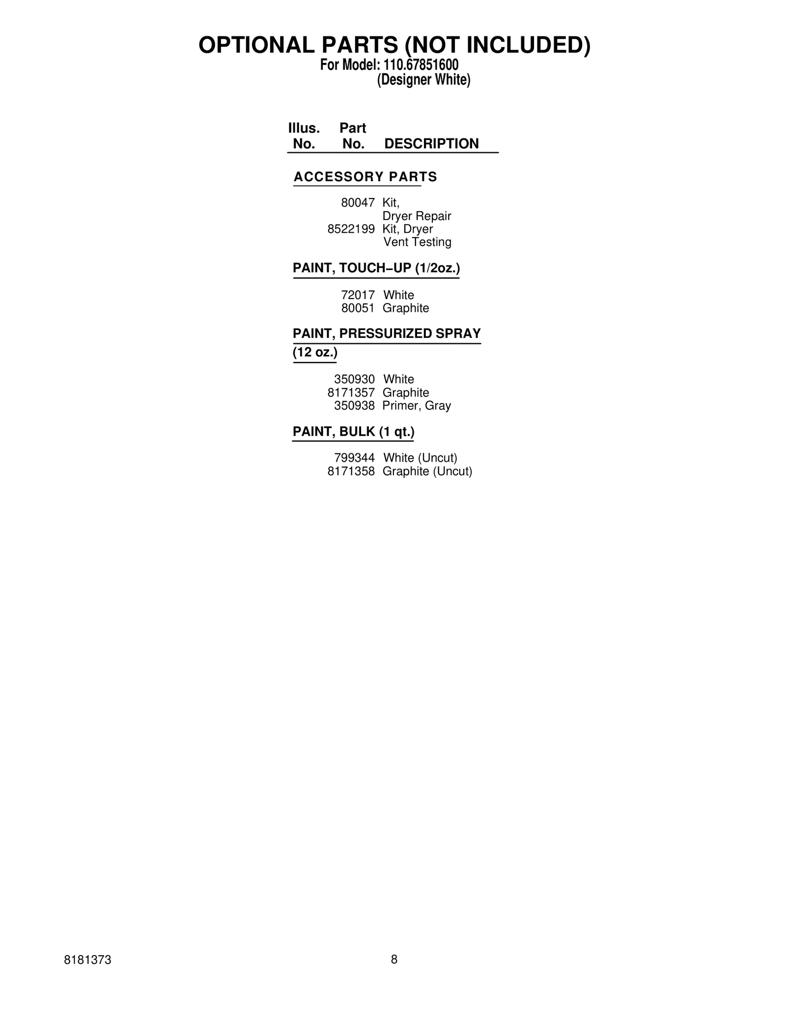 OPTIONAL PARTS (NOT INCLUDED)