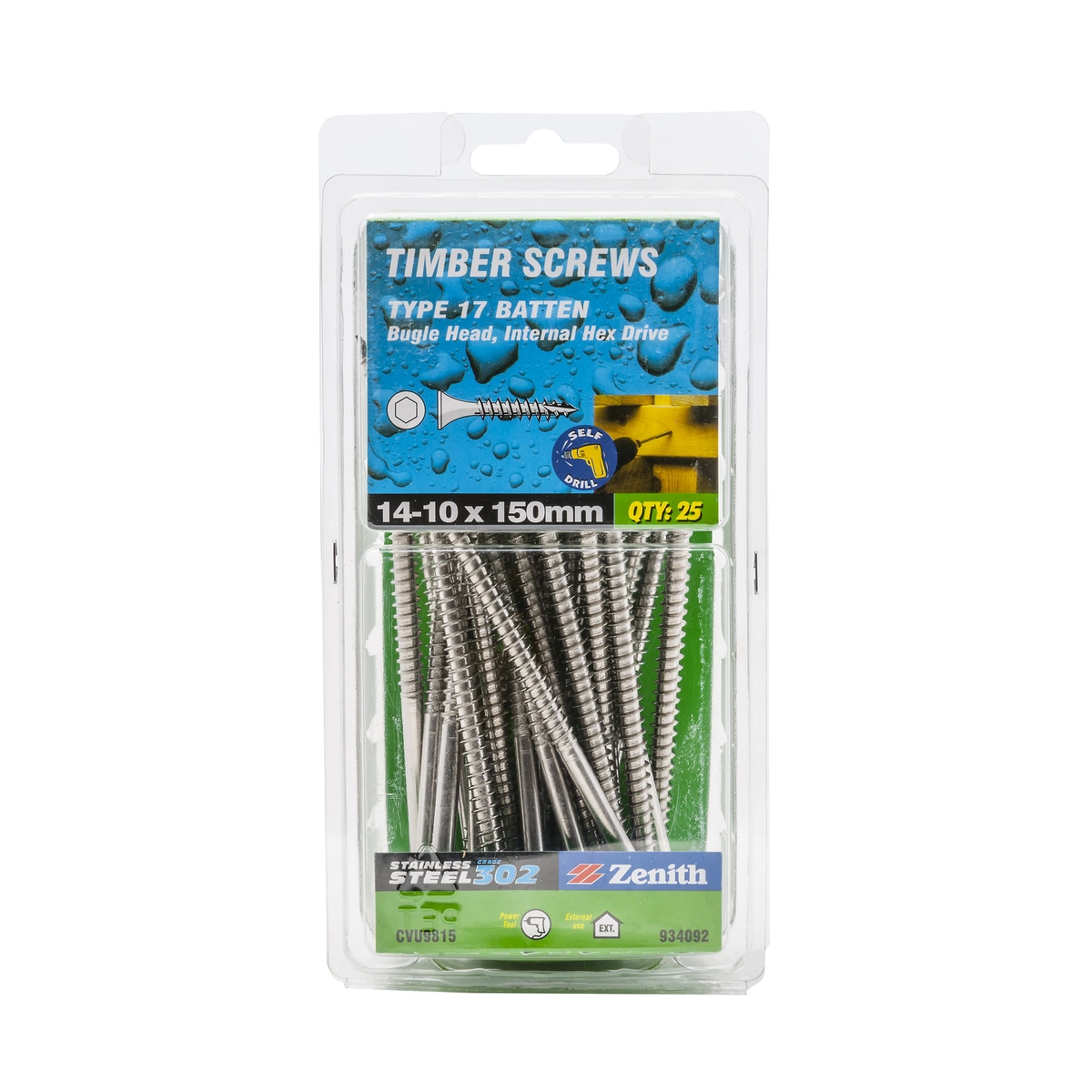 ZENITH® 14G x 150mm 304 Stainless Steel, Self Drilling, Internal Hex Drive, Bugle Batten Screws – External Use – 25 Pack