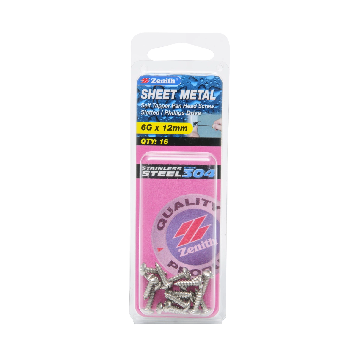 ZENITH® 6G x 12mm 304 Stainless Steel, Self Tapping, Combination Drive, Sheet Metal Screws – External Use – 16 Pack
