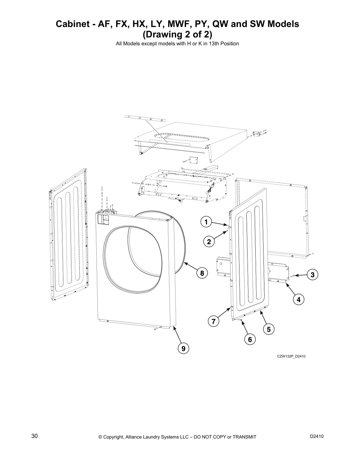 Cabinet - AF, FX, HX, LY, MWF, PY, QW and SW Models
(Drawing 2 of 2)