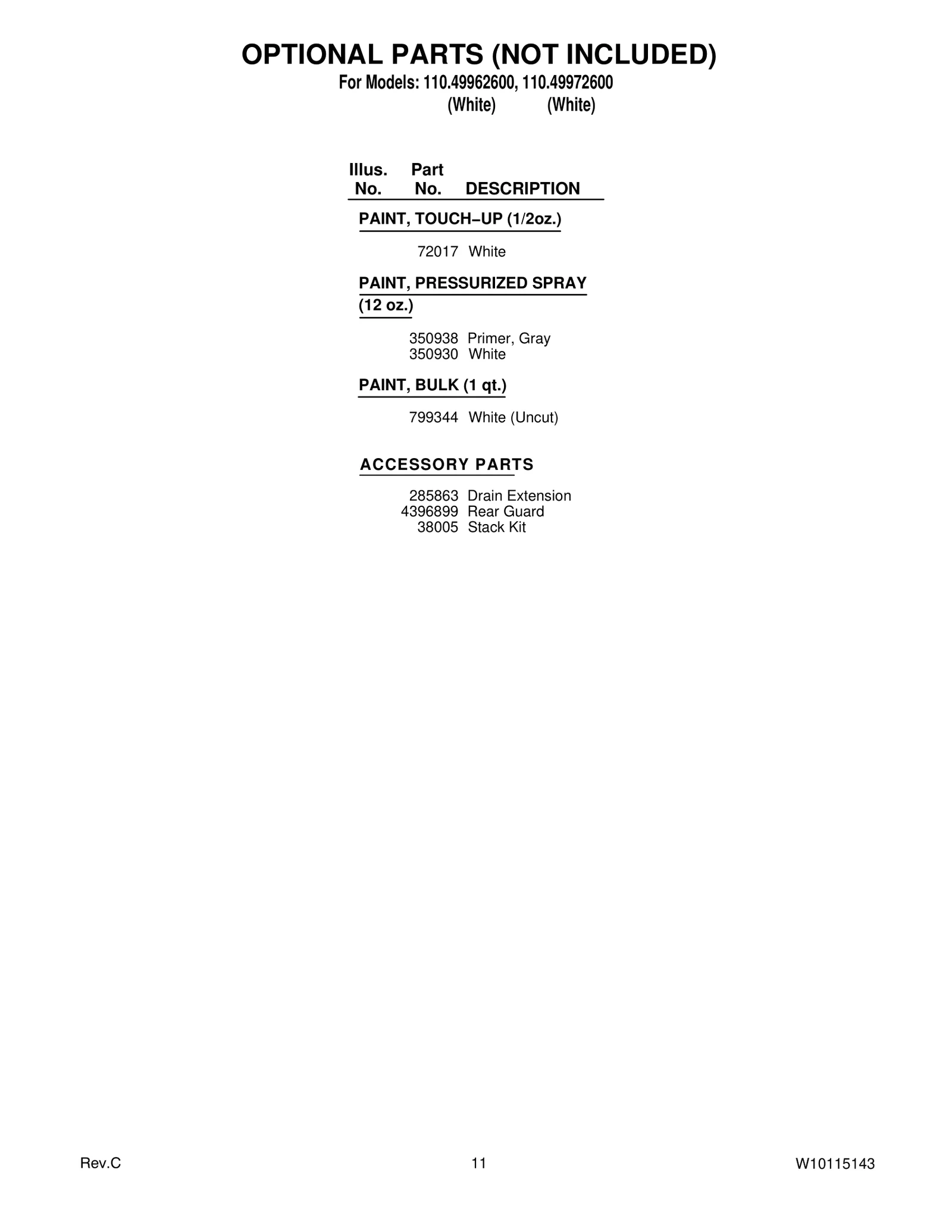 OPTIONAL PARTS (NOT INCLUDED)