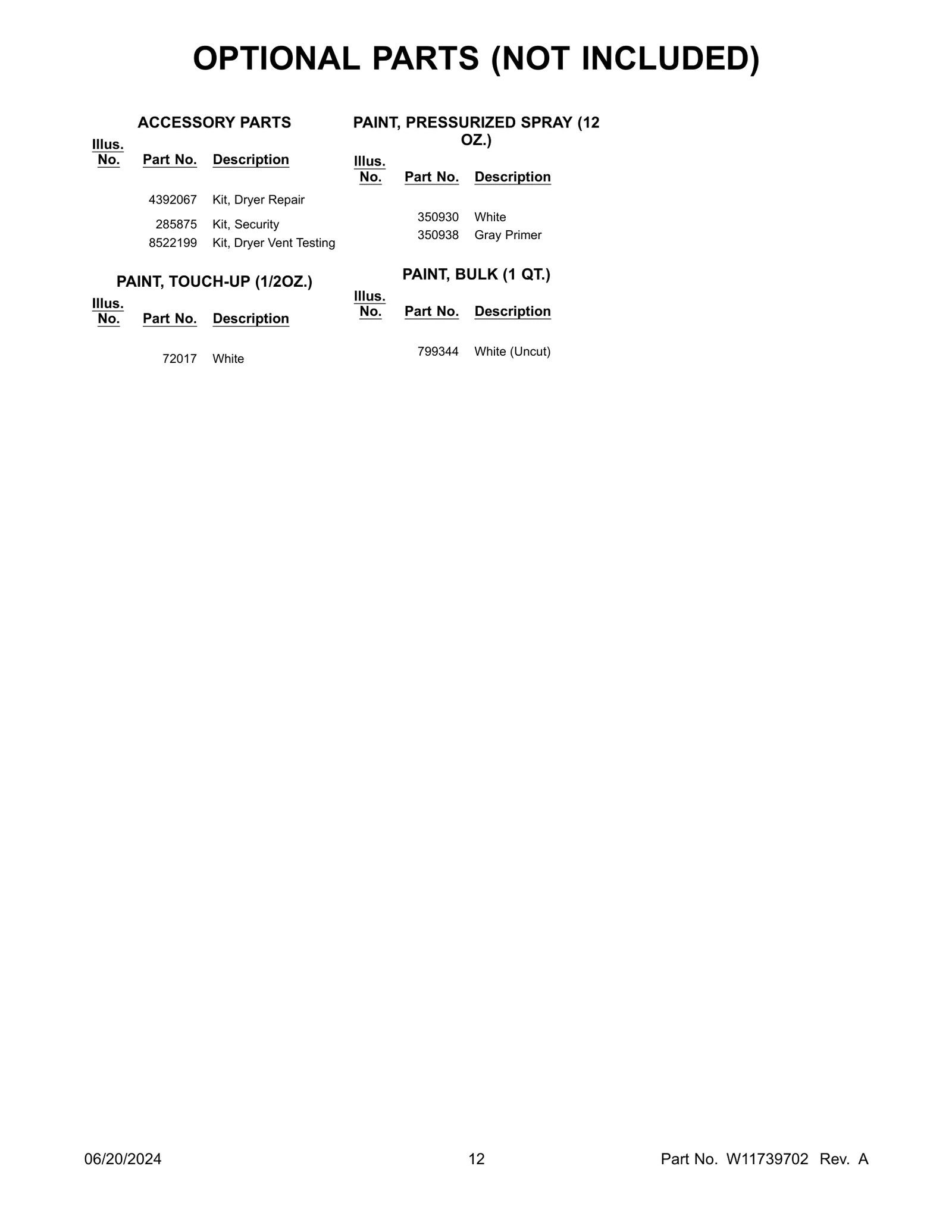 OPTIONAL PARTS (NOT INCLUDED)