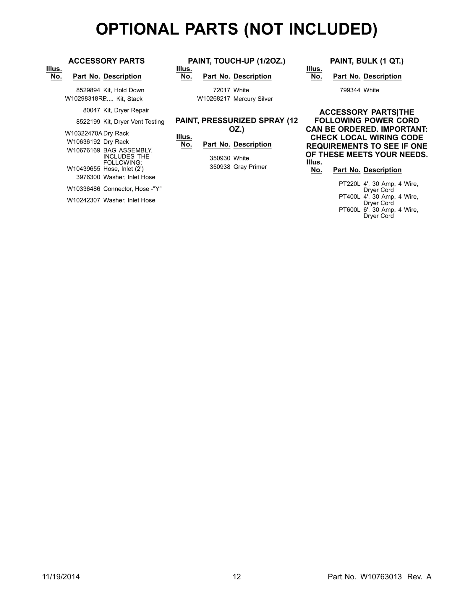 OPTIONAL PARTS (NOT INCLUDED)