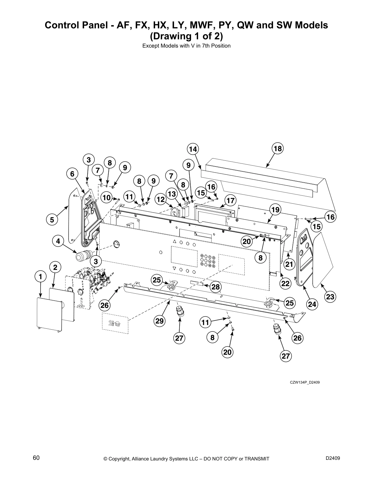 Control Panel - AF, FX, HX, LY, MWF, PY, QW and SW Models 
(Drawing 1 of 2)
