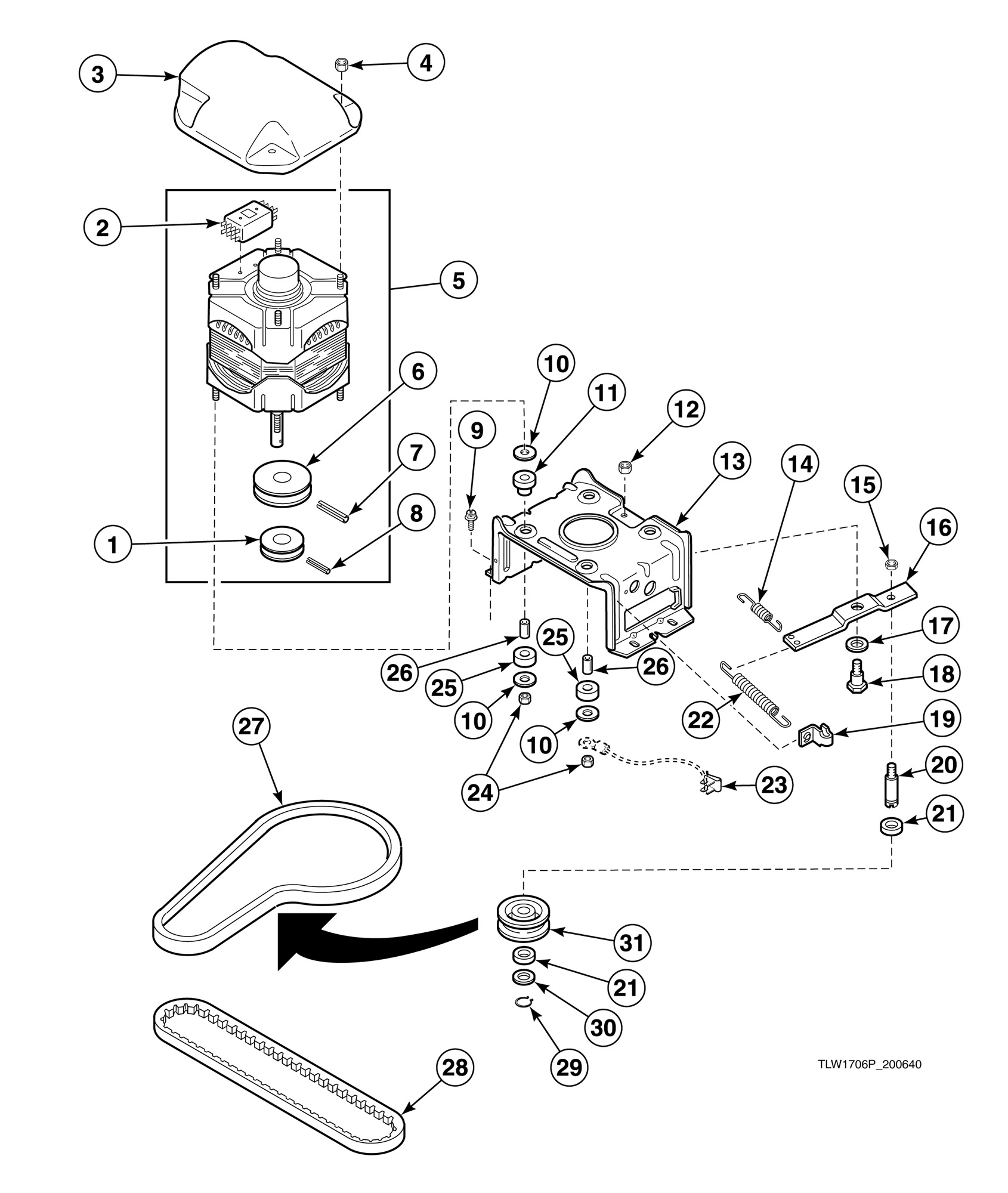 Motor, Mounting Bracket, Belts and Idler Assembly