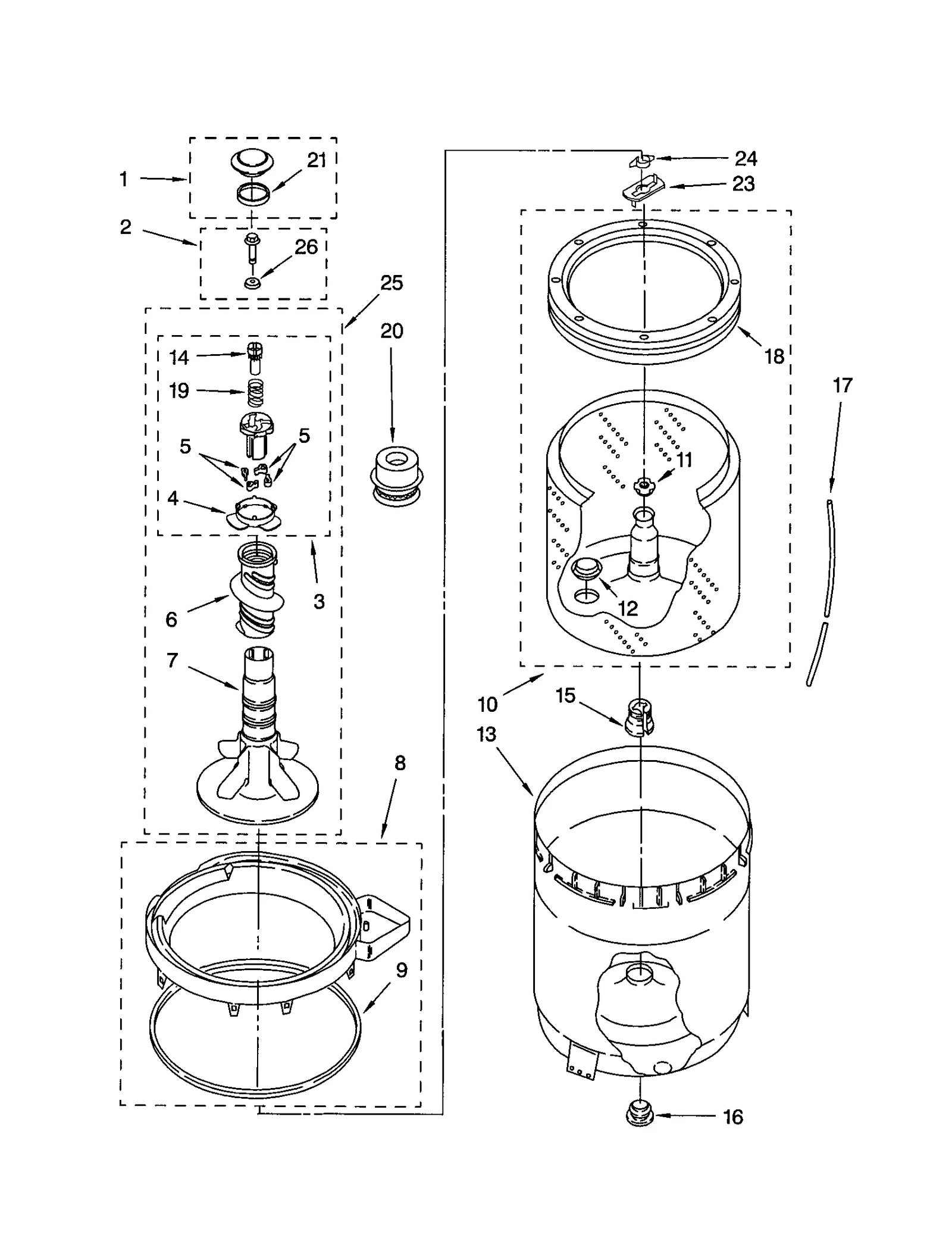 AGITATOR, BASKET AND TUB