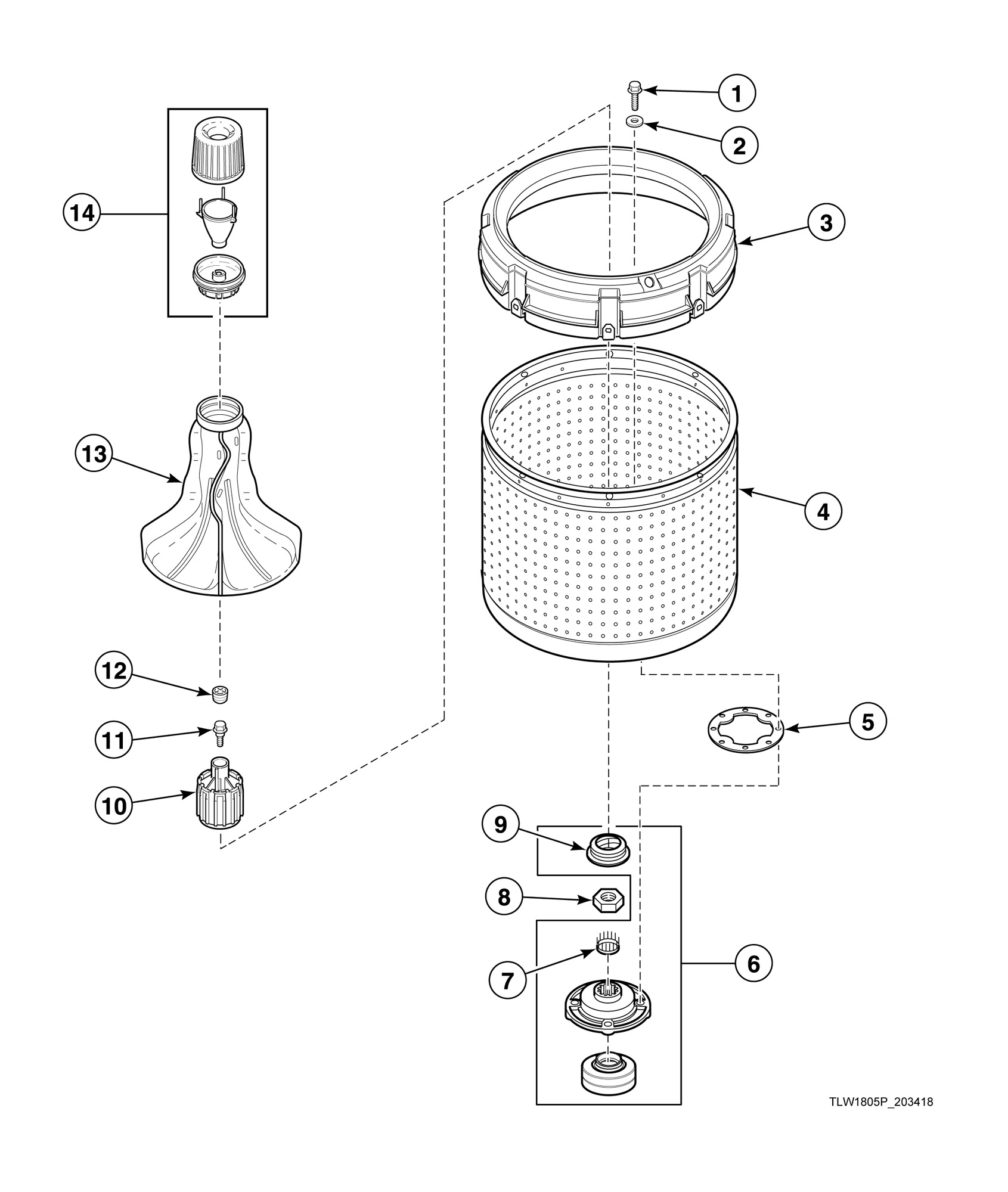Agitator, Fabric Softener Dispenser, Drive Bell, Hub and Lip Seal Kit and Washtub