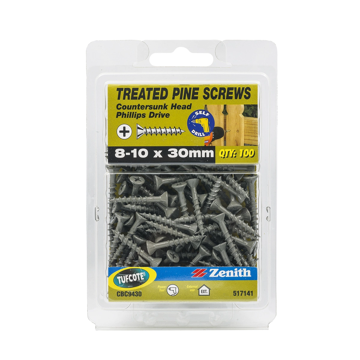 ZENITH® 8G x 30mm TUFCOTE®, Phillips Drive, Treated Pine Screws – External Use – 100 Pack